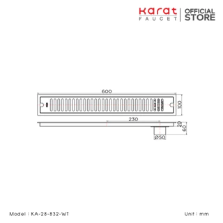 Karat ตะแกรงระบายน้ำทิ้งแบบเหลี่ยม พร้อมตุ้มถ่วงเปิด-ปิด น้ำ ต่อท่อ PVC ขนาด Ø 2-2.5 นิ้ว หน้าแปลน 4×24 นิ้วKA-28-832-WT
