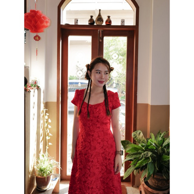 MyWay Brand : Dress - Babe Bowie - Flower Red เดรสออกงานสีแดงสด ไม่ต้องเผื่อไซส์นะคะ