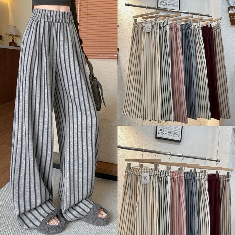 Lady_jeans#9266(K)กางเกงขายาวทรงกระบอก ลายทางตรง เอวยางยืด ผู้หญิง พร้อมส่ง