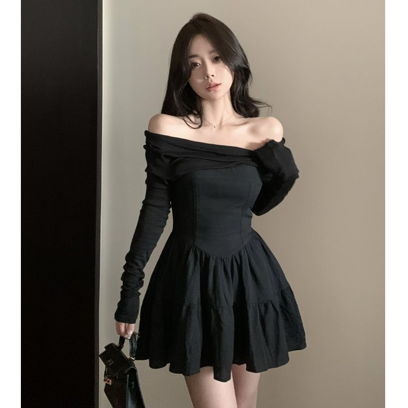 💗เดรสไหล่เดียว💗 เดรสแขนยาว เดรสทรงตู่ ทรงบัลเล่ต์ฝรั่งเศส สไตล์สาวหวาน กระโปรงเว้าไหล่ - รูปที่ 5