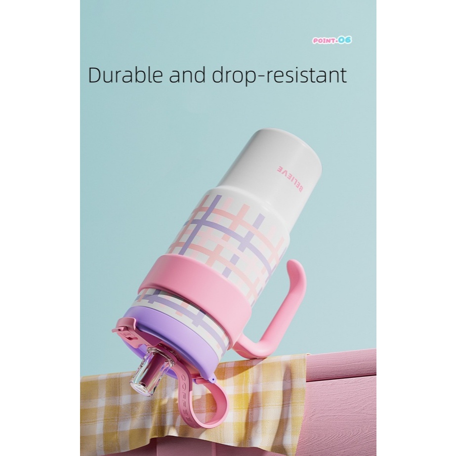 แก้วเก็บความเย็น กระติกน้ำเก็บความเย็น ลายน่ารัก สกรีนลายชัด มีหลอด+หูหิ้ว ฝา2in1 สแตนเลส316ขนาด1250ml รุ่นJQ069 - รูปที่ 3