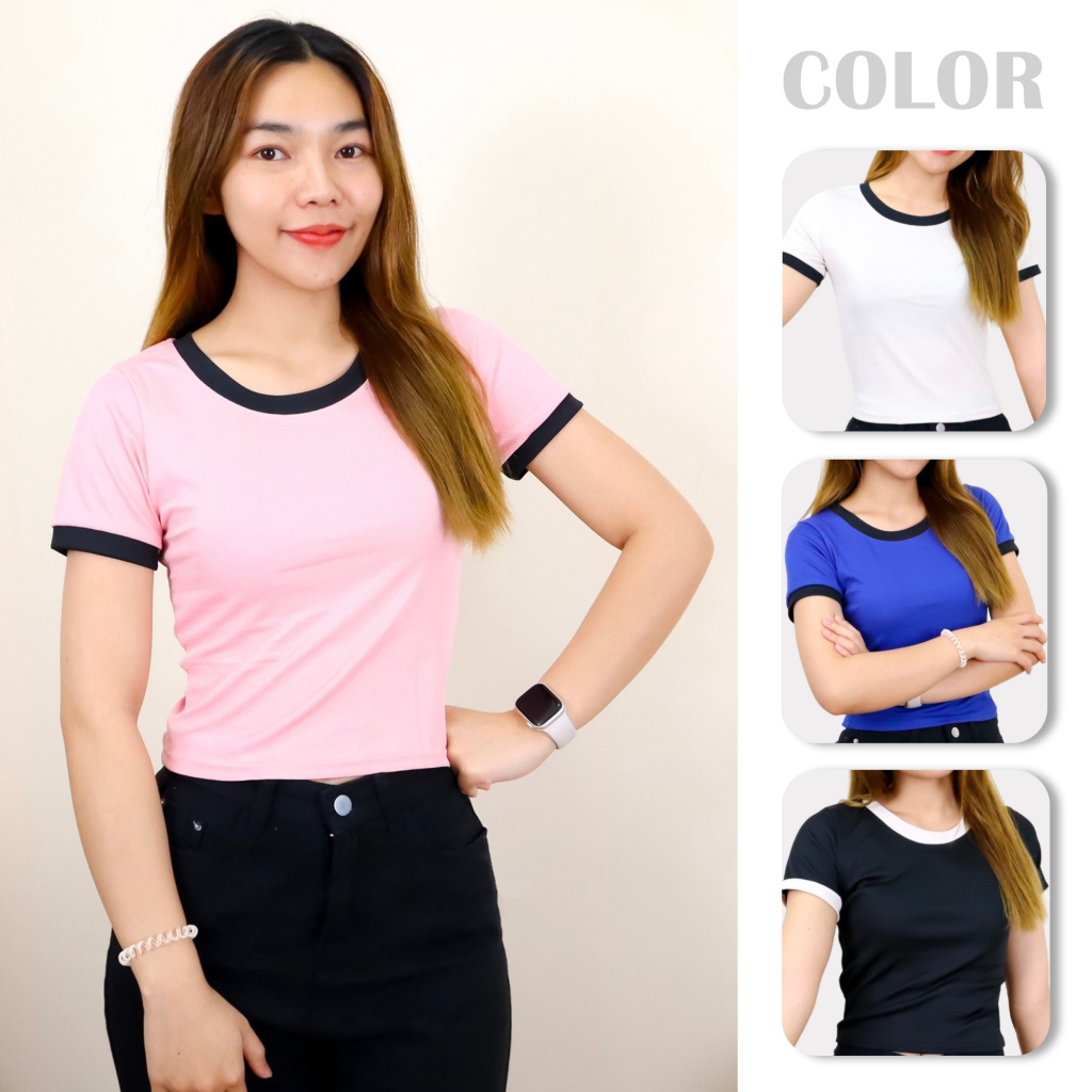 เสื้อยืดคอกลม แขนสั้น ผ้ายืด เข้ารูป สีพื้น สไตล์เกาหลี สําหรับผู้หญิง