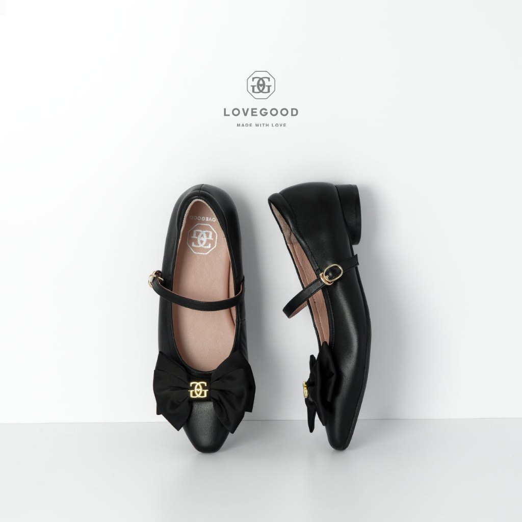 [ LoveGood ] MJ รองเท้าแมรี่เจนหนังแกะแท้ ประดับอะไหล่โบว์โลโก้แบรนด์สวยงาม ส้นสูง 1" ไซซ์ 35-42