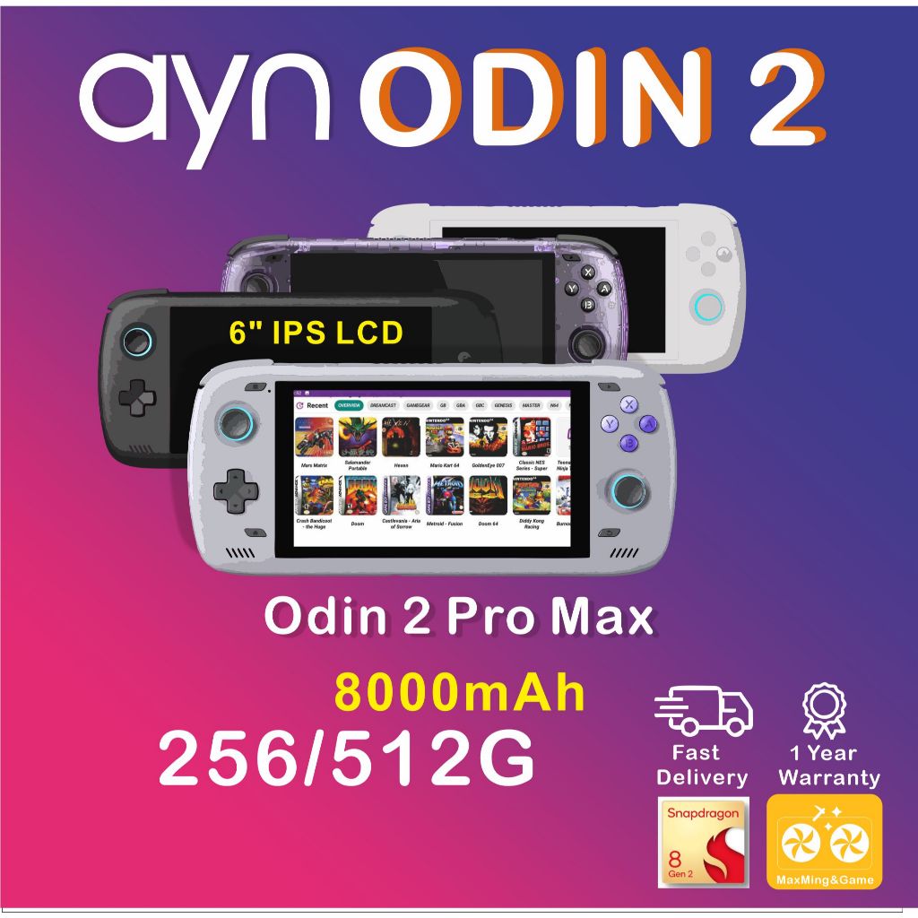 AYN  Odin2 IPS 6" Pro Max Qualcomm Snapdragon 8 Gen 2  Adreno 740 LPDDR5x Ram USF 4.0 Ready Stock มี