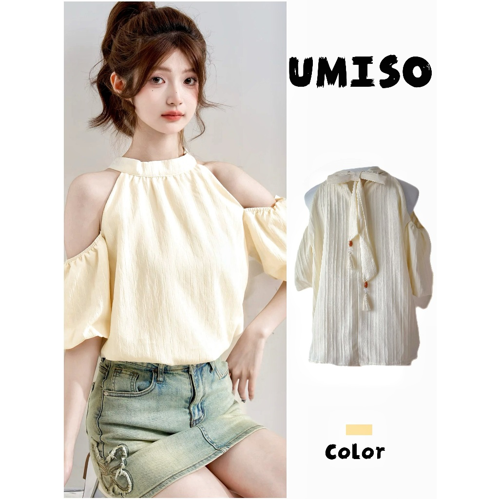 UMISO เสื้อเบลาส์ผู้หญิง เสื้อครอปสายเดี่ยว เสื้อครอปเปิดไหล่ สไตล์แฟชั่นหลากหลาย ใส่ได้ทุกโอกาส แขนพอง คัทเอาท์