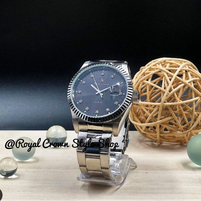นาฬิกาผู้ชาย Royal Crown แท้100%, มีบัตรับประกัน1ปี,สีเงิน,หน้าปัดดำ นาฬิกากันน้ำ,จัดส่งพร้อมกล่องคร
