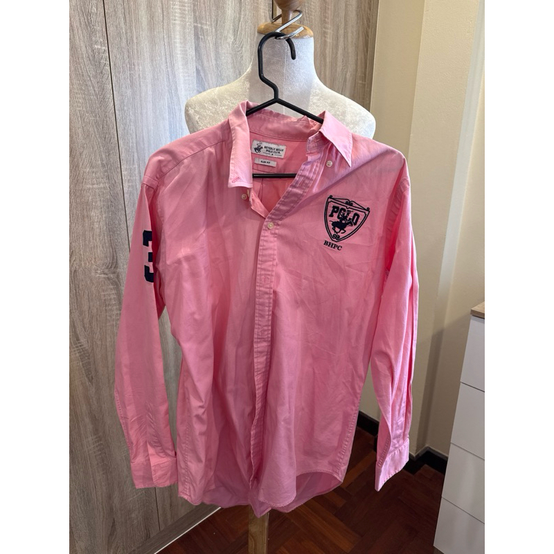 polo beverly hill polo club เสื้อเชิ้ตโปโลสีชมพู slim fit size M