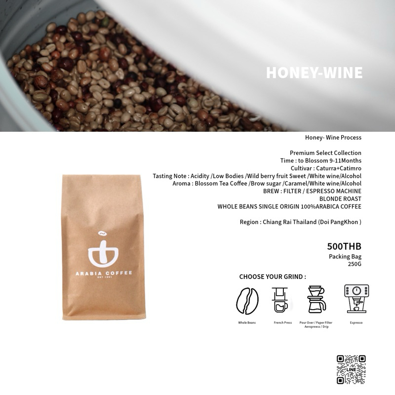 HONEYWINE เมล็ดกาแฟปางขอนอาราบิก้า100% 250 G.คั่วอ่อนติดเปรี้ยวมีกลิ่นธรรมชาติเฉพาะตัว