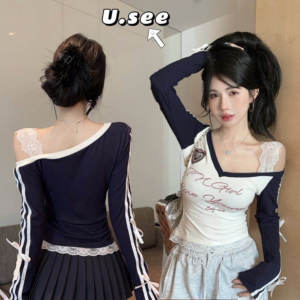 เสื้อยืดผู้หญิง เสื้อเเขนยาวคอวี ขอบลูกไม้ ตกเเต่งโบว์ หวานน่ารัก#2278