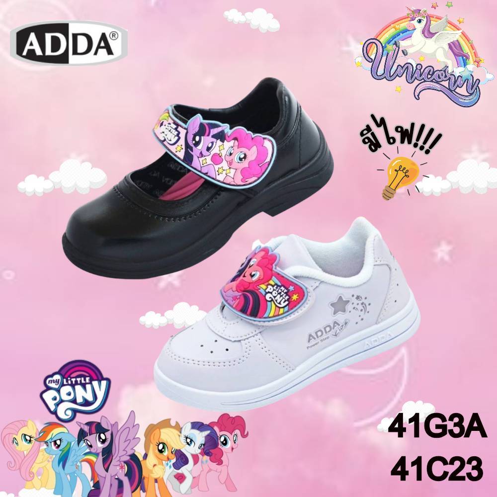 ADDA Pony ปี 2025 โพนี่ มีไฟกระพริบ รองเท้านักเรียน หญิง หนังดำ ผ้าใบ รุ่น 41G3A/41C23