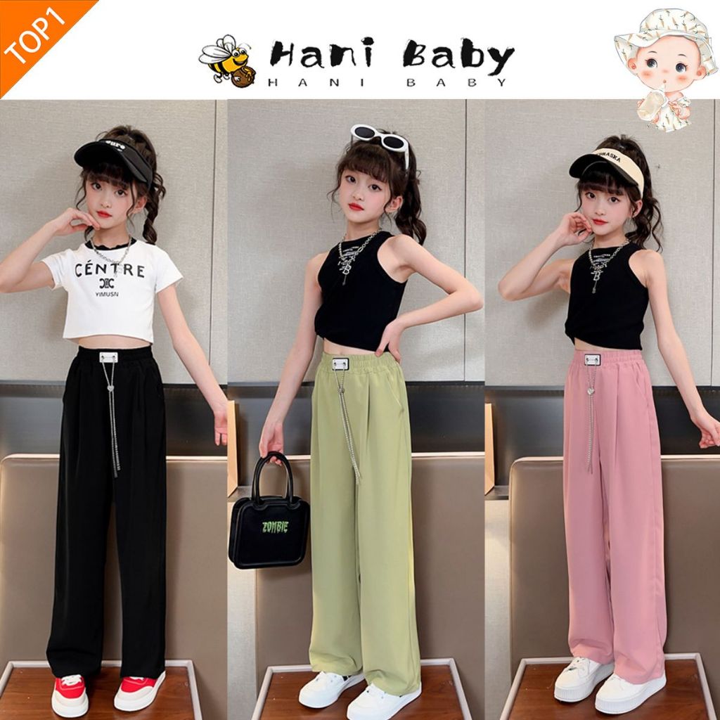 กางเกงขายาวเด็กผู้หญิง กางเกงขากว้างเด็ก พร้อมโซ่สีเงิน สีพื้น ผ้าเบา เหมาะสำหรับฤดูร้อน