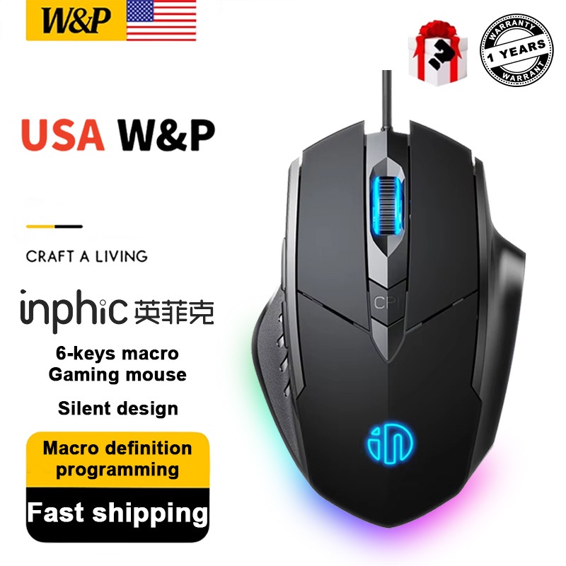inphic USB Computer Mouse Silent Mouse 6 Button Wired Mouse Office and Home Mouse Ergonomic for Windows Computer Mac