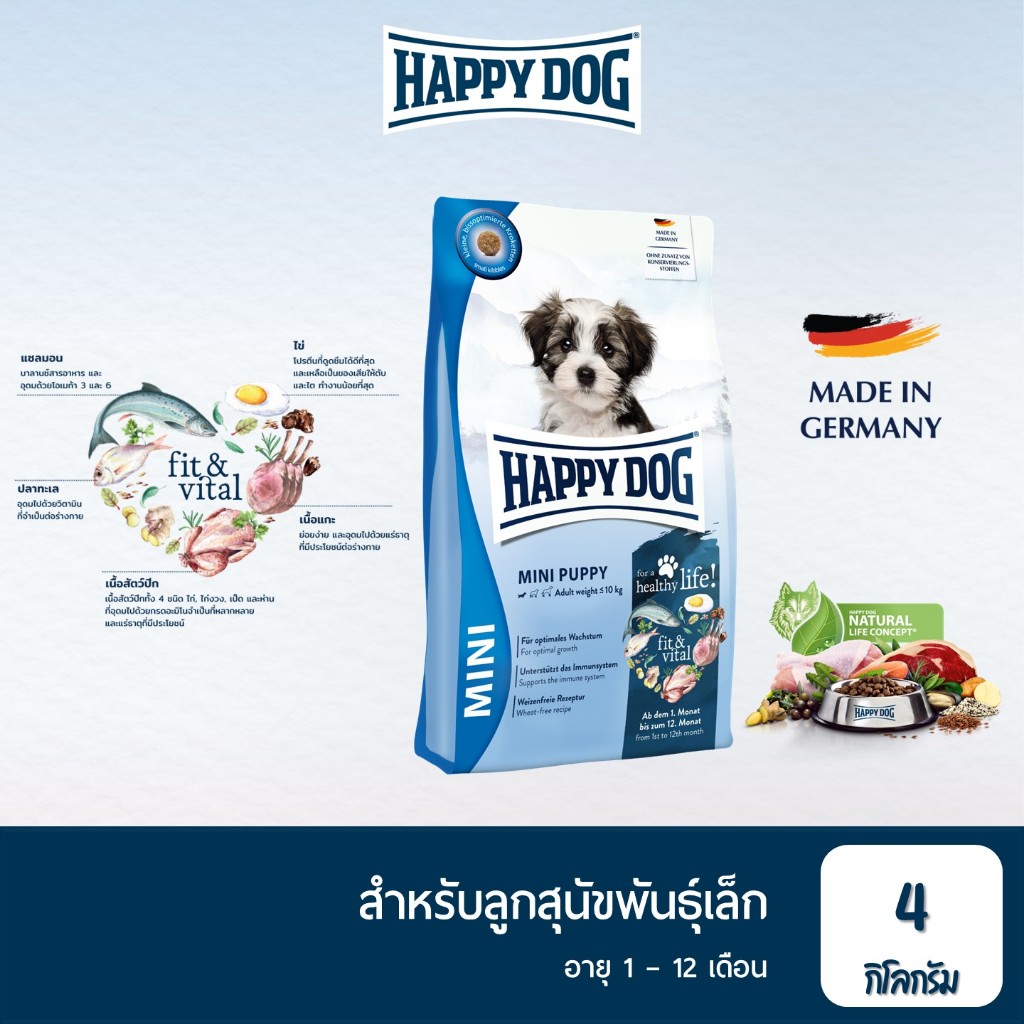 HAPPY DOG Fit & Vital Mini Puppy สูตรลูกสุนัขพันธุ์เล็ก เนื้อสัตว์ปีก เนื้อแกะ และแซลมอน 4kg.