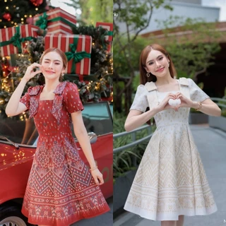KS631 ชุดเดรสผ้าทอลายทองนูน คอเหลี่ยม แต่งโบวไหล่ กระโปรงบาน 8 ชิ้น อัดกาวทั้งชุด (S-5XL)