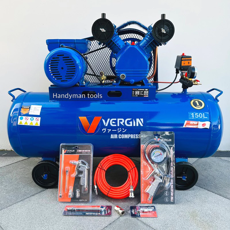 VERGIN ปั๊มลม ถังลม ขนาด 150 ลิตร มอเตอร์ 3 แรงม้า 2 สูบ ขนาดกระบอกสูบ 65mm มอเตอร์ทองแดงแท้ ทนทาน พร้อมอุปกรณ์ 6 อย่าง