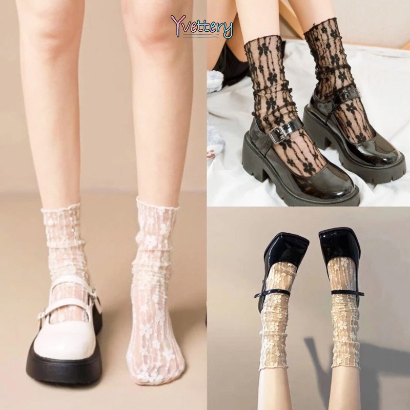 ร้านค้าไทย🔥ถุงเท้าลูกไม้ลายดอกไม้ระบายอากาศแบบนุ่มทันสมัยสไตล์ญี่ปุ่นแฟชั่นสํ บางเฉียบาหรับผู้หญิงJKถุงเท้าโลลิต้า