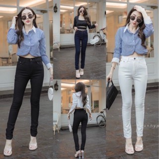 📌punny jeansทรงขาเดฟเข้ารูปผ้ายืดเอวสูงปิดสะดือเก็บทรงได้ดีม…