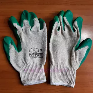 ถุงมือผ้าชุบยางสีเขียว รุ่น HyZafe 3 คู่ 100 เดียว ตัดอ้อย ปอกทุเรียน งานก่อสร้าง ปอกทุเรียน NRG-EL