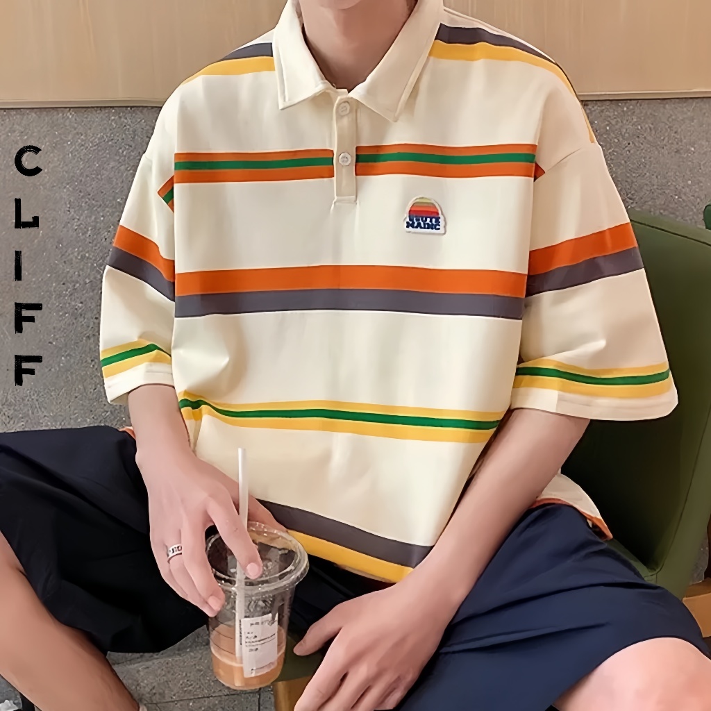 CLIFF เสื้อโปโลลายทาง แขนสั้นผู้ชาย ฤดูร้อน แบบหลวม สไตล์อเมริกัน แนววินเทจ