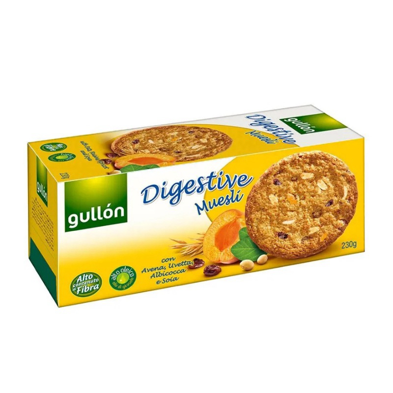 Gullon กูยองมูสลี่ ไดเจสทีฟ บิสกิตผสมเกล็ดข้าวโอ๊ตและลูกเกด Muesli Digestive Biscuit 230 กรัม