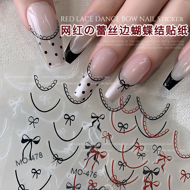 สติกเกอร์ติดเล็บ ลายคลื่น ลายไฟ สีดำขาวเงิน โบ ลูกไม้ สไตล์สาวเกาหลีโดนๆ