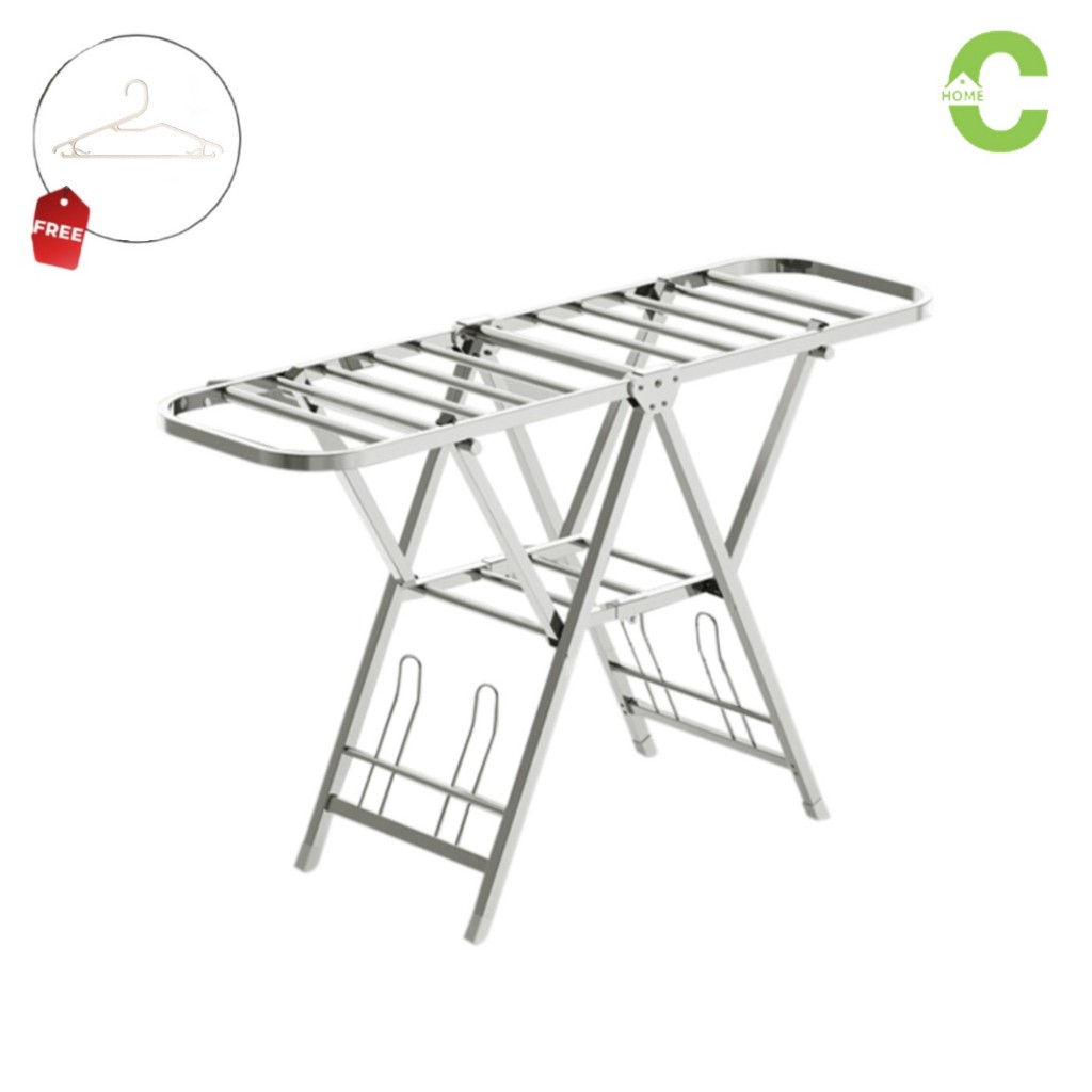 HOMEC ราวตากผ้าสแตนเลส ราวตากผ้าพับได้ แขวนผ้าแบบกางปีก Folding clothes rack พับเก็บได้ ประหยัดพื้นที่ 2ขนาด ฟรีไม้แขวน