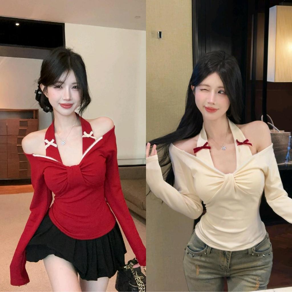 เสื้อเเขนยาวคล้องคอติดโบว์ ฟิวสาวเเซ่บแบบผู้ดีทำถึง