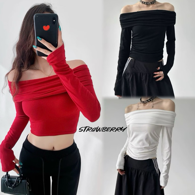 STR พร้อมส่ง🍅เสื้อยืดสีแดงสาวฮอตอเมริกันไหล่เดียว เสื้อยืดแขนยาวปิดไหล่ ทรงสกินนี่พอดีตัว เสื้อแฟชั่นผู้หญิง ทรงเข้ารูป
