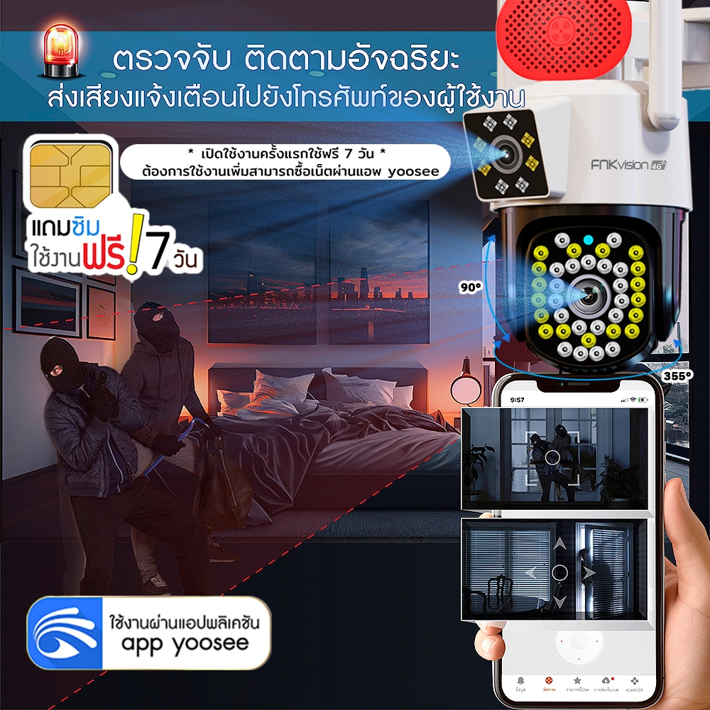 FNKvision YOOSEE กล้องวงจรปิด 4G กล้องวงจรปิดเลนส์คู่ Full HD 10MP IP67กันน้ํา กลางคืนภาพเป็นสี ซิมเน็ตใช้งานฟรี 7 วัน