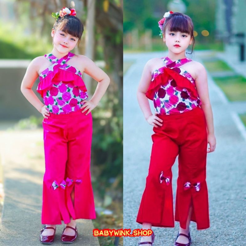 Ndd // ✅ ชุดเซ็ตคล้องคอลายดอกไม้ ทองกวาว เจ้ย กางเกงขาบาน