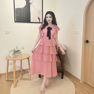 สินค้าพร้อมส่ง เดรสยาวผ้าซีฟองคอปกแขนระบายโบว์หน้าแต่งระบายชั้นๆซิปหลังพร้อมสายผูกเอว A5722