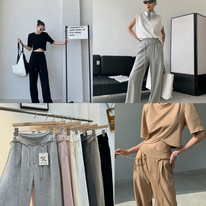 กางเกงขายาวผ้าเรียบลื่น ใส่สบาย มีเชือกผูกตรงเอว ป้าย Keltis