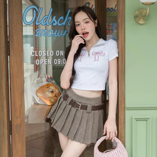 JARINYA (S-XL) กระโปรงผ้าสั้น+เข็มขัด ลายตารางเล็ก แต่งจีบรอบ งานเกาหลี เกาใจมาก มีซับใน เอวสูง แต่งซิปข้าง (K47)