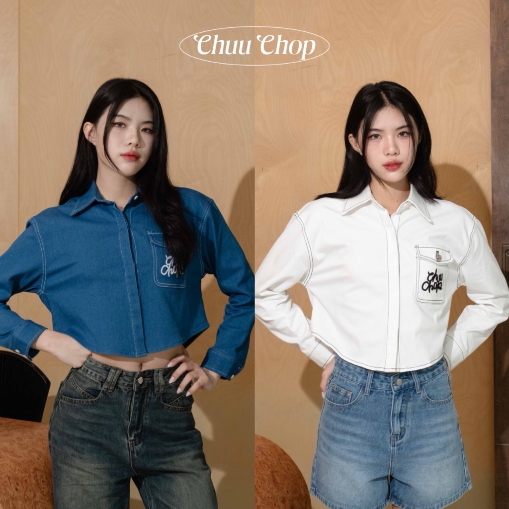15.2ใช้โค้ด(30WOW200)ลดสูงสุด200.-chuuchop(C8344)Copper Crop Shirt เสื้อเชิ้ตครอปปักCHUU
