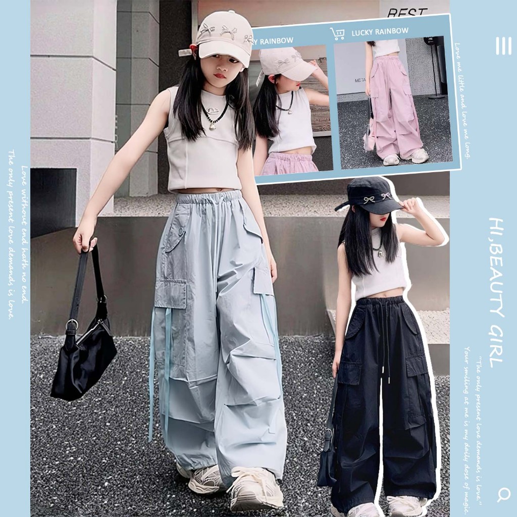 Lcukly Rainbow 2-12 ปี กางเกงคาร์โก้เด็กแฟชั่น ขายาวกว้าง สไตล์เกาหลี ฮิปฮอปลำลอง ทรงหลวม ฤดูร้อน