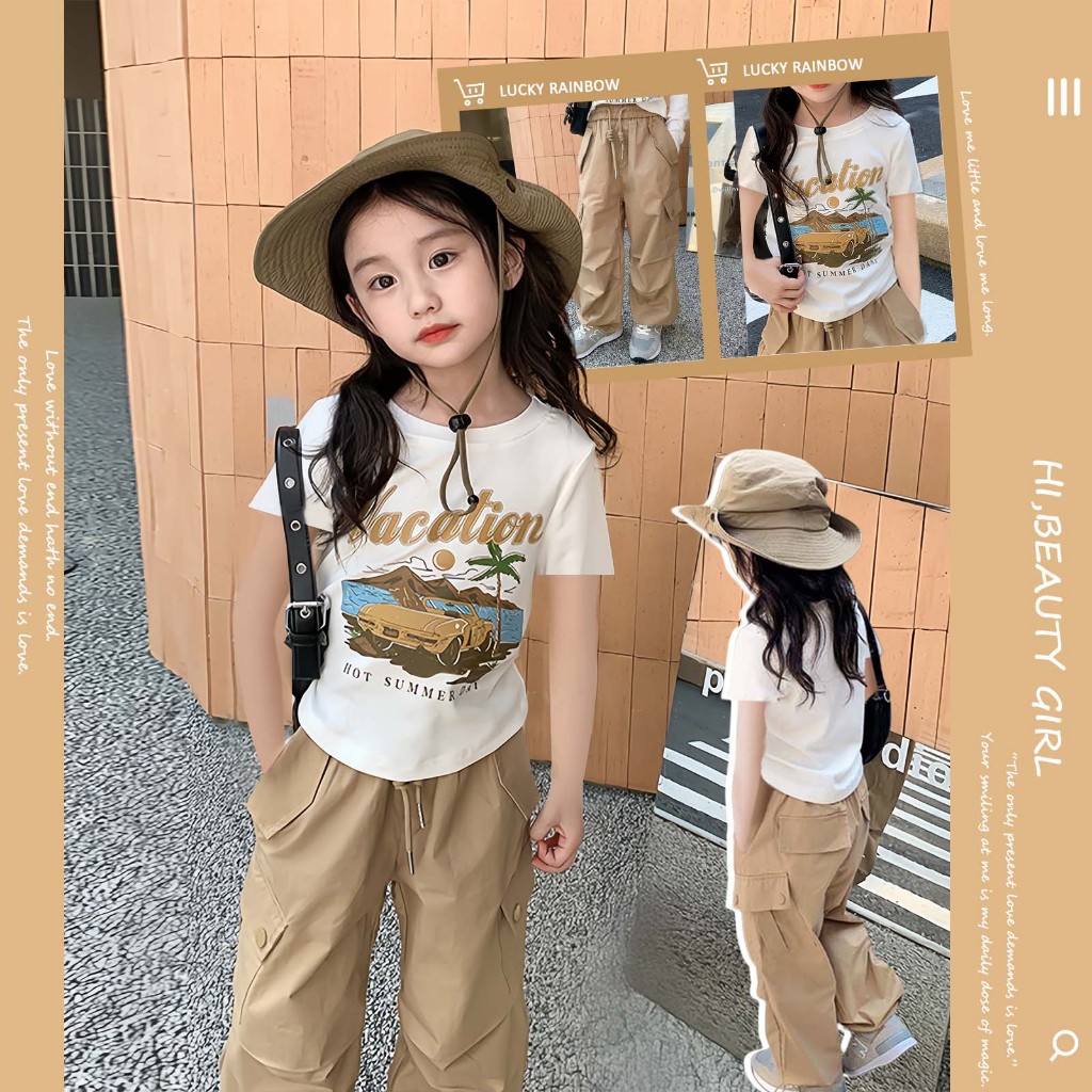 ชุดลำลองเด็ก เสื้อยืดลำลองกางเกงคาร์โก้ เอวยางยืด สไตล์เกาหลี ใส่สบาย 2-12 ปี