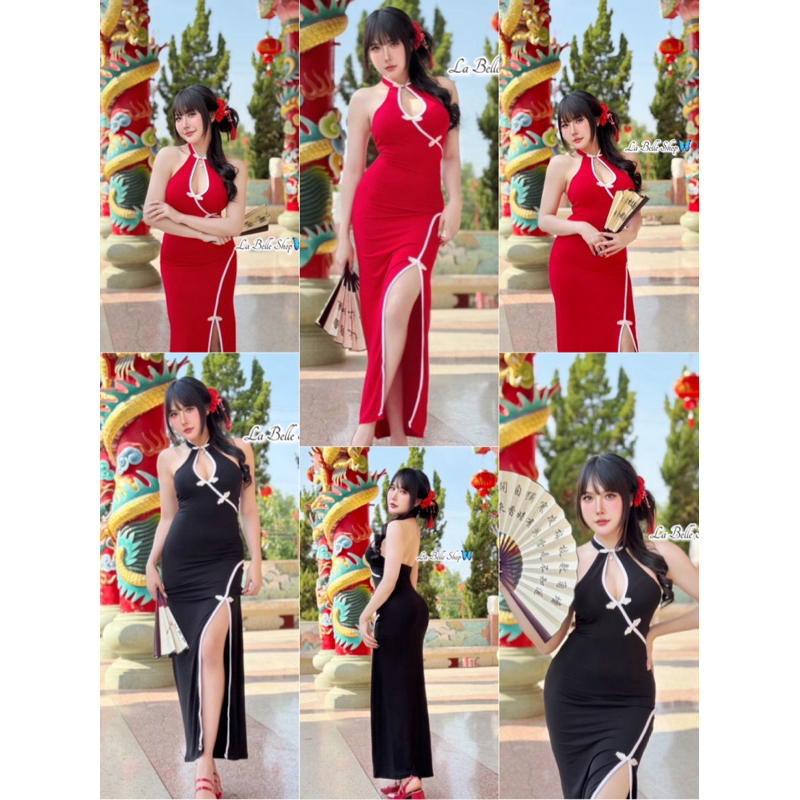 💕ShopBypuy💕กี่เพ้าใส่ตรุษจีนเว้าหลังผ้าเรย่อนกี่เพ้ายาว