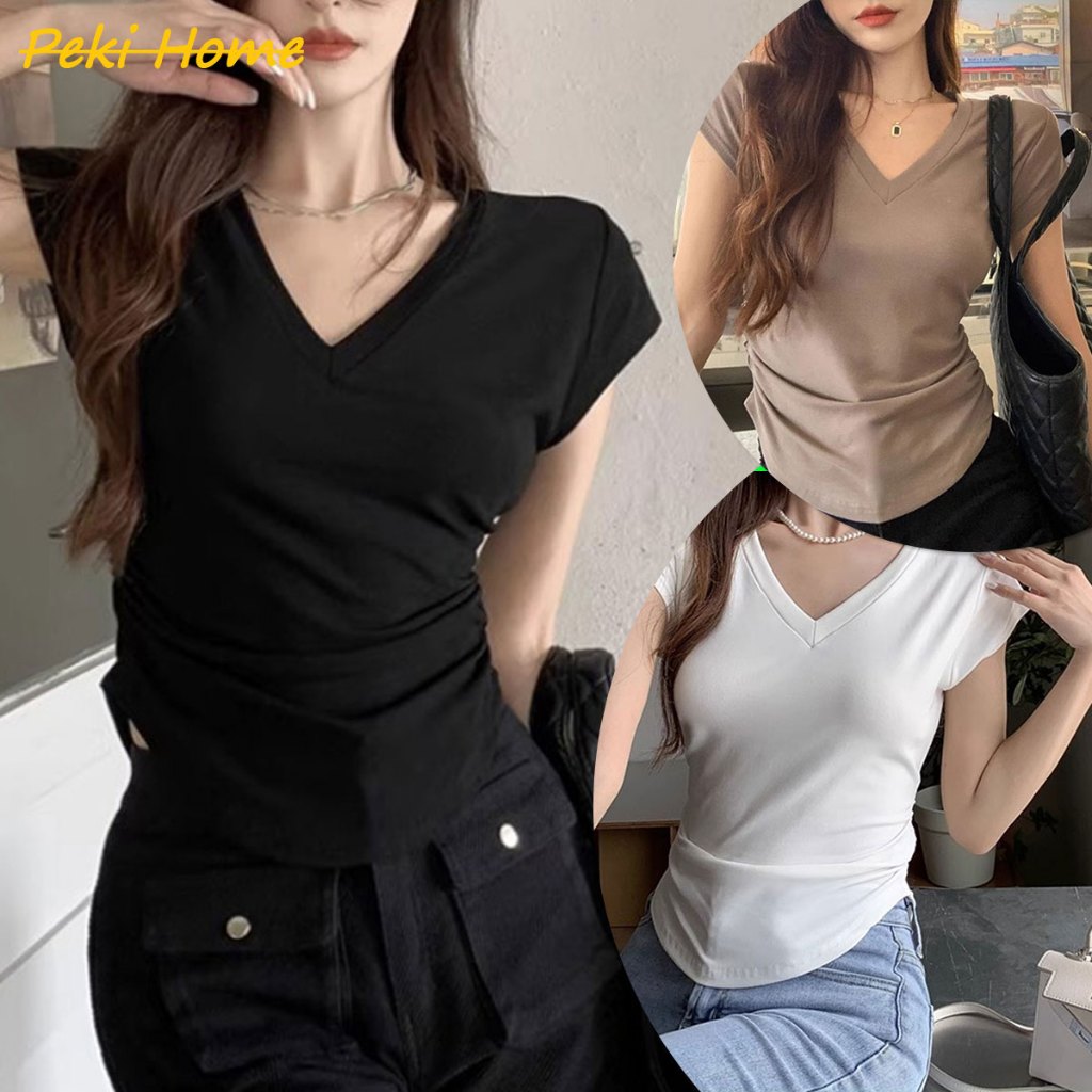 เสื้อยืดสไตล์เรียบหรูคอวี ผ้าบาง ดีไซน์ไม่เหมือนใคร