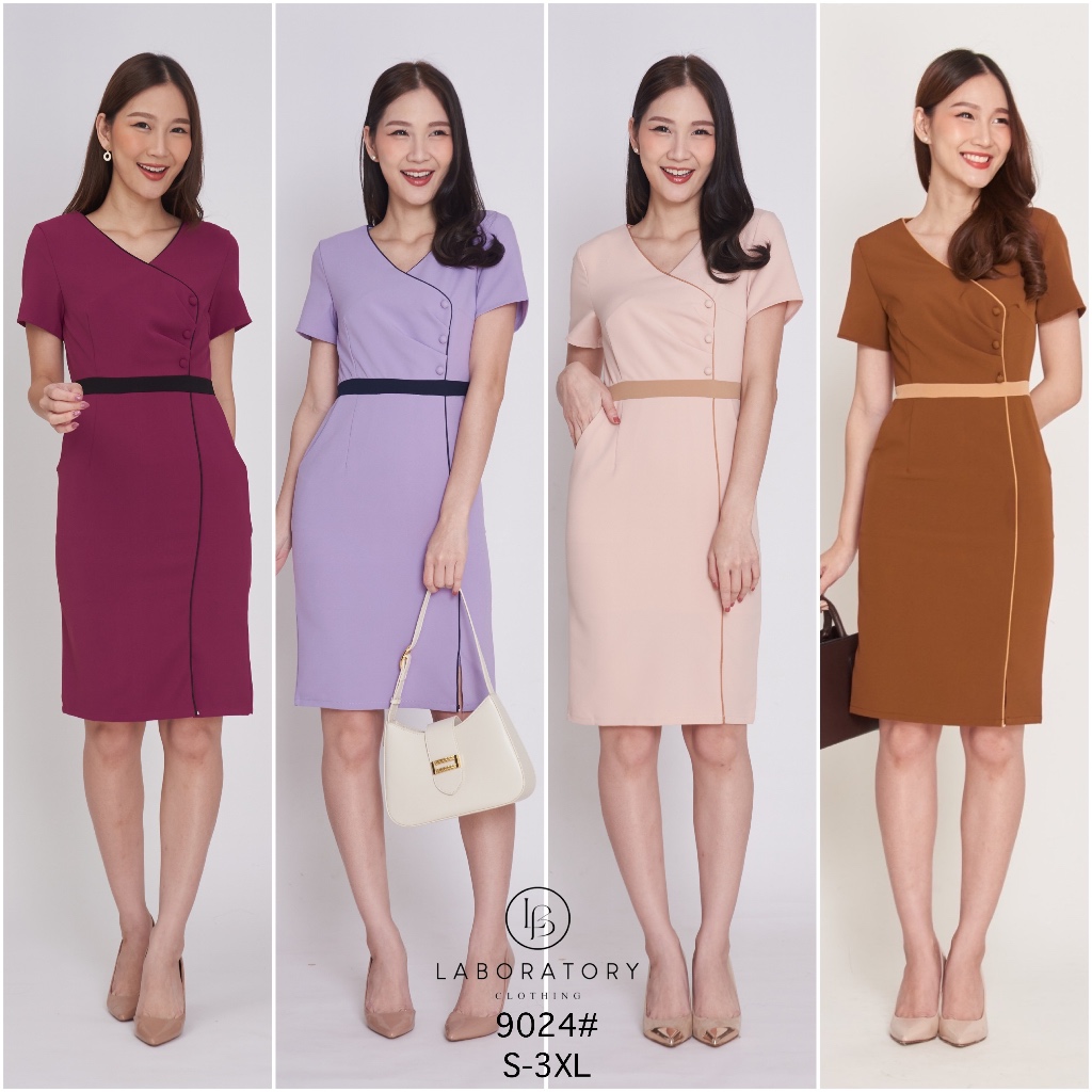 Laboratory 9024เดรสคอวีทรงป้ายหน้าแต่งกระดุมสีพื้น มีไซส์ รูปที่ 3