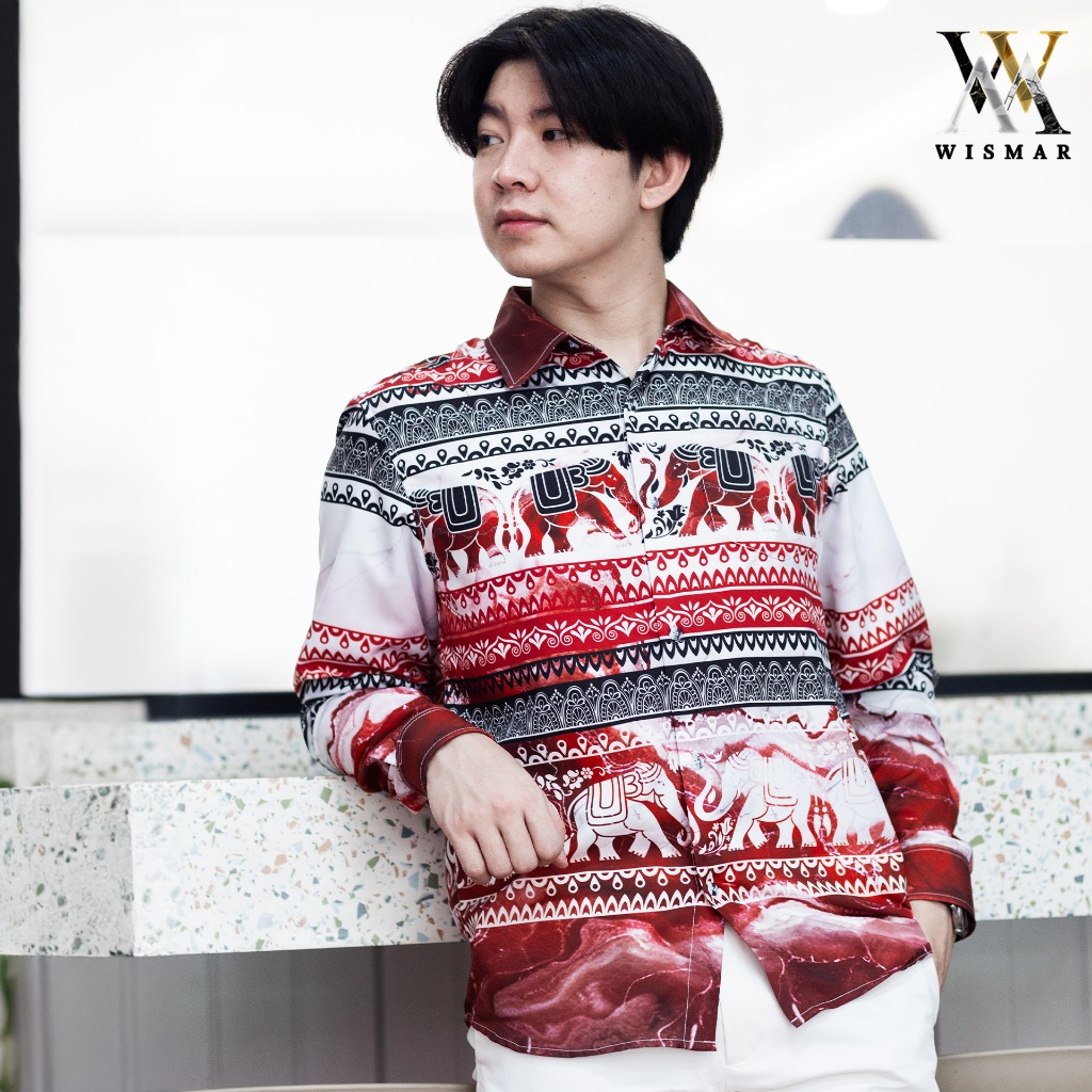 เสื้อเชิ้ตแขนยาวลายหินอ่อน(ลายช้าง):Red Iyara Marble Shirt (Long-sleeved)
