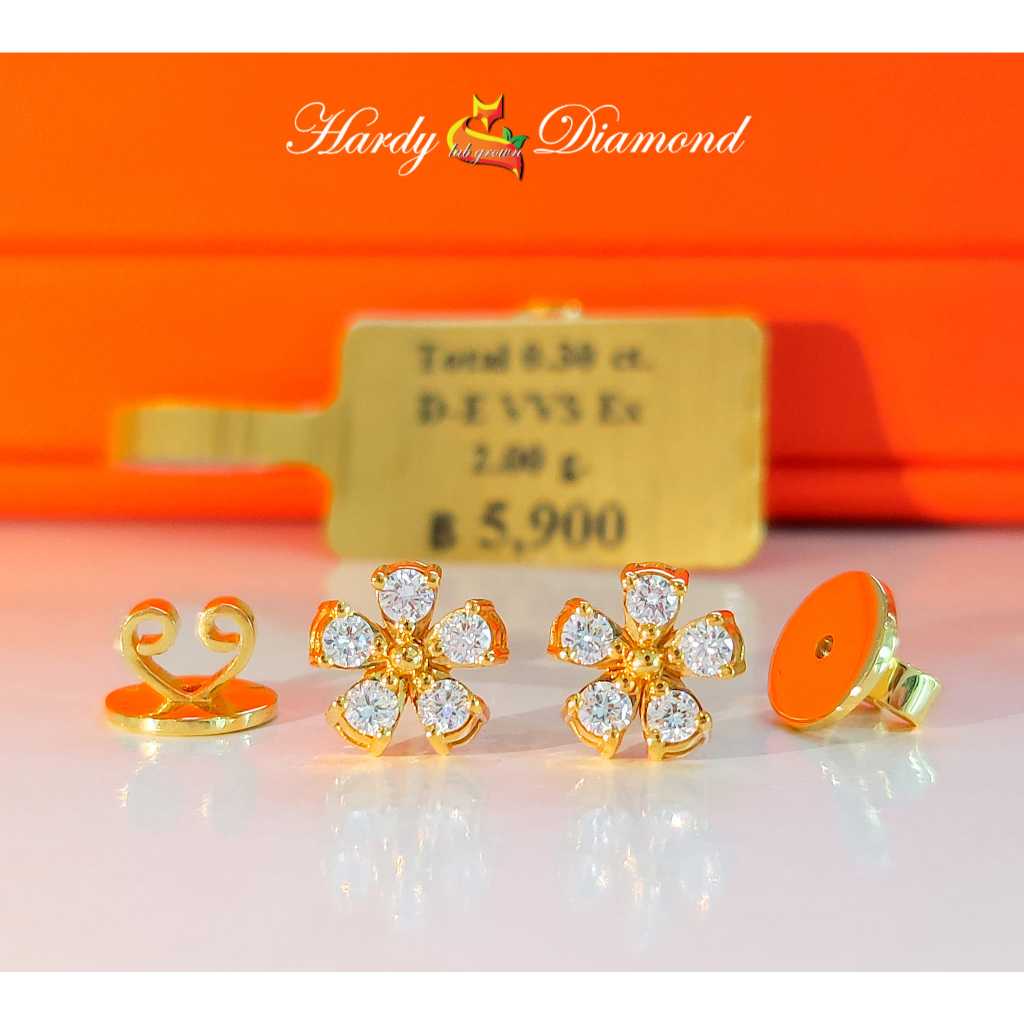 [🦊 HARDY พร้อมส่ง ] ต่างหูเพชรแลปดอกไม้ HPHT รวม 0.3 กะรัต น้ำ 100-99 D-E  color VVS  H&A ทองแท้ 9K
