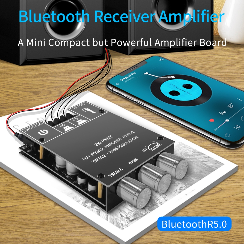 WUZHIAudio แอมป์จิ๋ว ZK 1002T 2*100W บลูทูธเสียงแหลมและเบสซับวูฟเฟอร์เครื่องขยายเสียงช่องเสียงสูงสเตอริโอเบส AMP