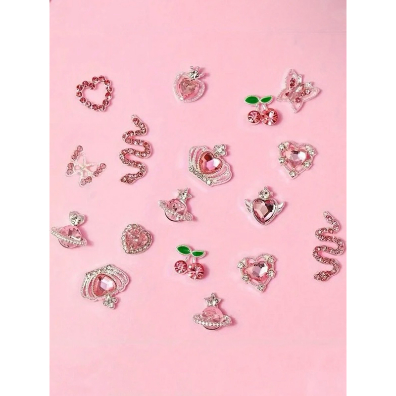 AC.1355 ร้านไทย ขายปลีก 1 ชิ้น สุ่มแบบ พร้อมส่ง อะไหล่แต่งเล็บสีเงินประดับเพชร Theme สีชมพู