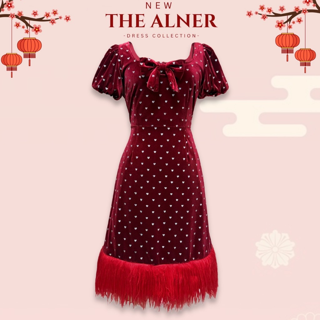 AN859 เดรสแดงคอเหลี่ยมแต่งชายขนนก The Alner Women Clothing Lady ผู้หญิง