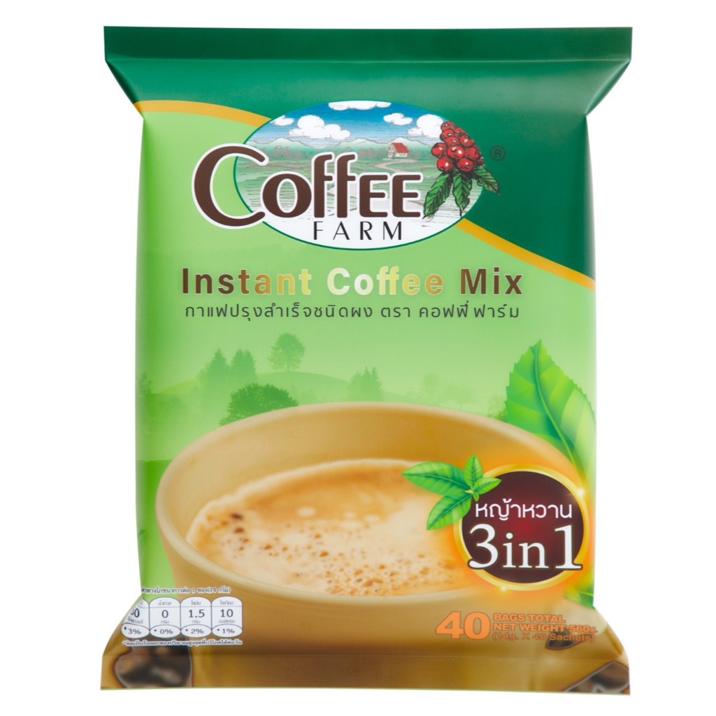 กาแฟปรุงสำเร็จชนิดผง 3in1 ตราคอฟฟี่ฟาร์ม สูตรหญ้าหวาน (ไม่มีน้ำตาล)
