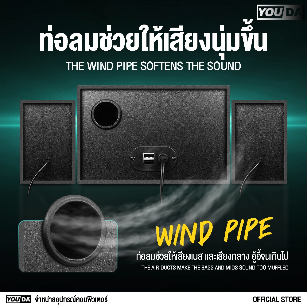 YOUDA ลำโพงคอมพิวเตอร์ 2.1 LED รับประกัน 1ปี พร้อมที่ปรับระดับเสียง ลำโพงสเตอริโอแบบ 2.1 FT-380 ชุดลำโพง 2.1 ลำโพง USB
