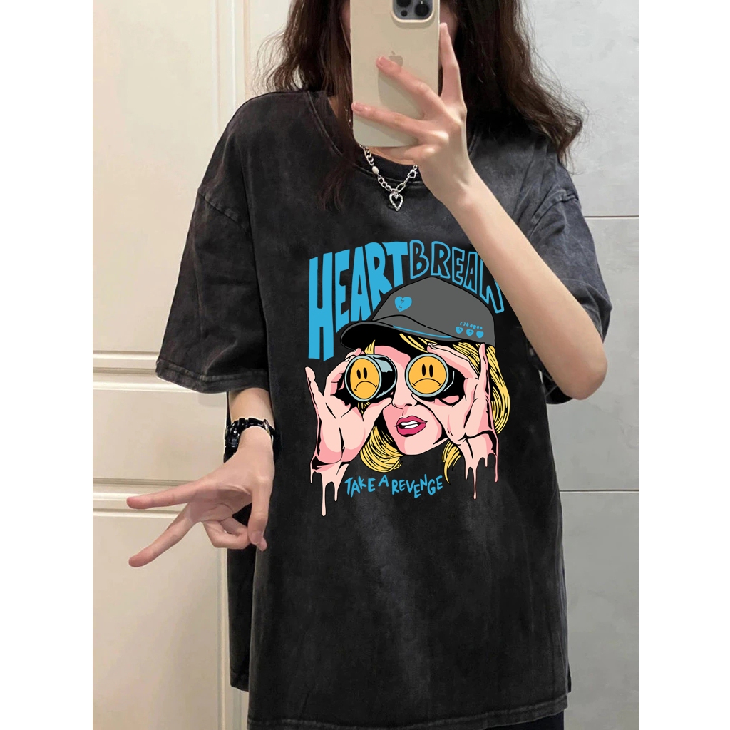 Top.street เสื้อยืด oversize 'HEART BREAK GIRL' แขนสั้น t shirt cotton แฟชั่น สไตล์เกาหลี เสื้อฟอก สีดำ 3XL
