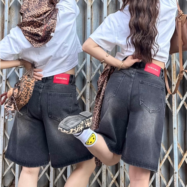 กางเกงยีนส์สามส่วน สีดำฟอก #6092-2 แนวสตรีท