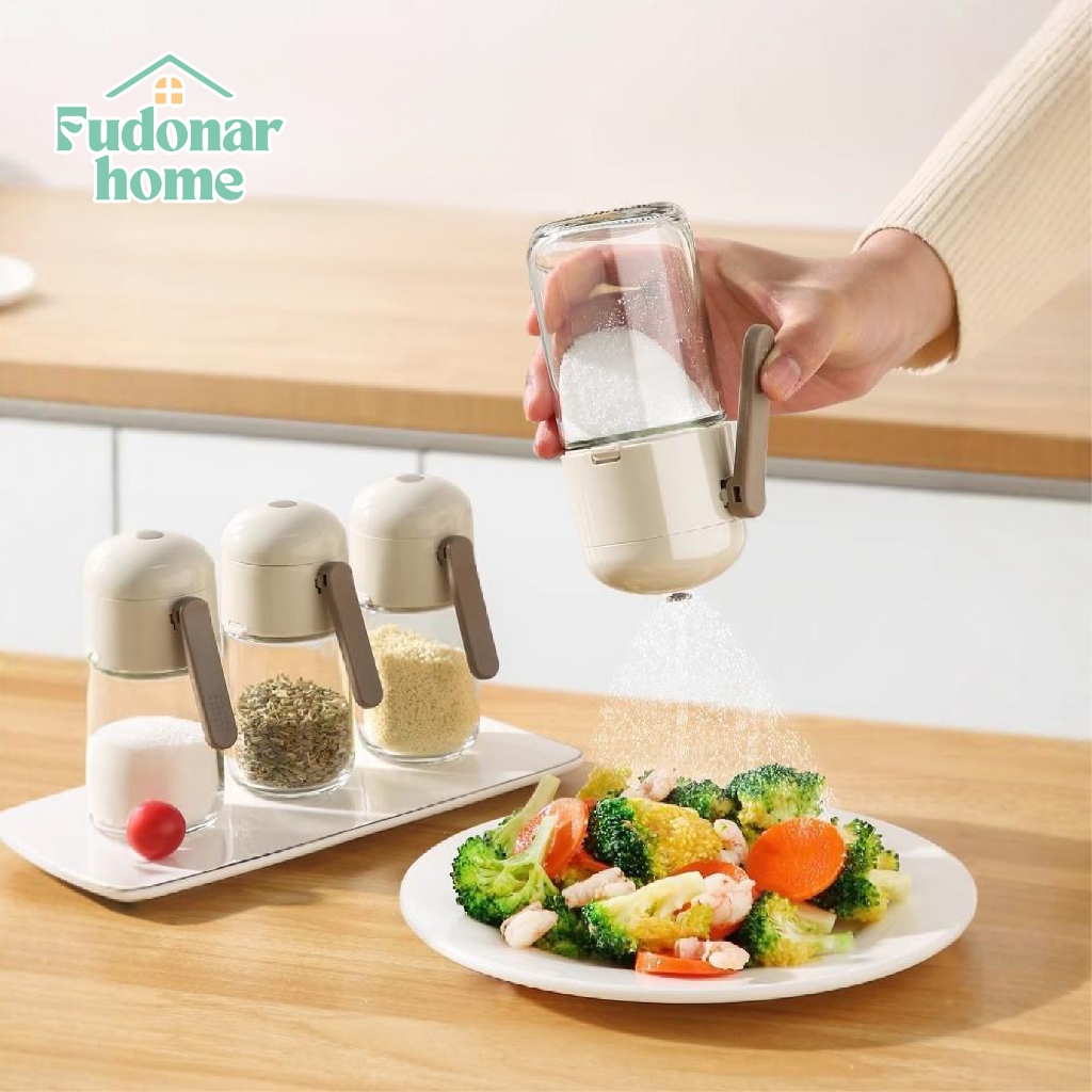 FUDONAR ขวดแก้วใส่เครื่องปรุง ขวดใส่เกลือแบบกด สำหรับใส่เครื่อปรุงอาหาร สินค้าพร้อมส่ง