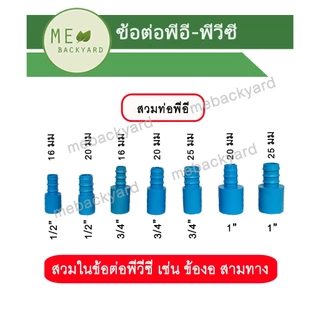 (PE PVC) ข้อต่อตรง สวมในข้อต่อ PVC เช่น ต่อตรง สามทาง ข้องอ ฯลฯ กับหางปลาไหล สวมท่อ PE